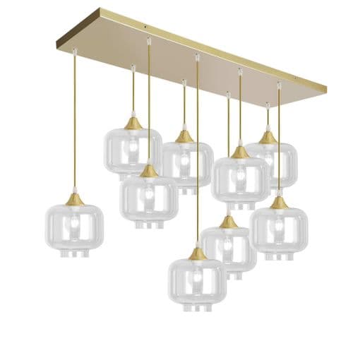 9 Light Multi Drop Rectangular Bar Ceiling Pendant in Matt Gold with Shade Shape 12 Glass