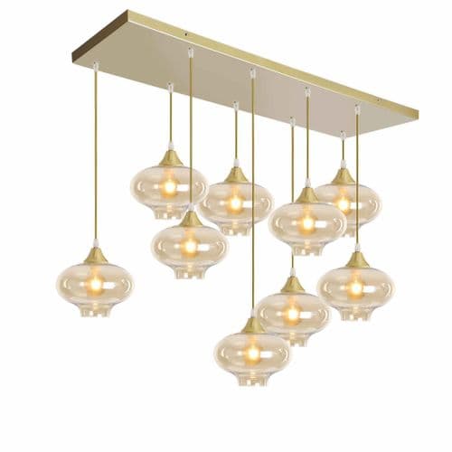 9 Light Multi Drop Rectangular Bar Ceiling Pendant in Matt Silver with Shade Shape 14 Glass