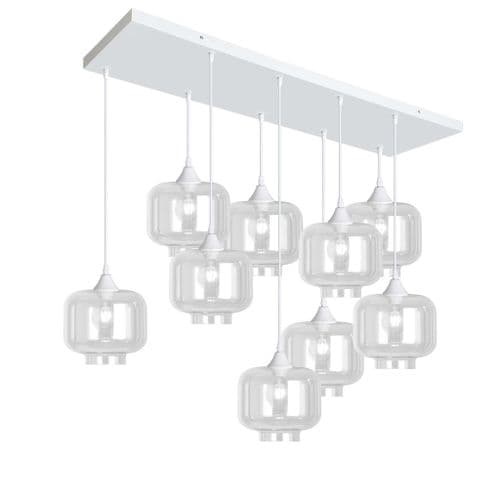 9 Light Multi Drop Rectangular Bar Ceiling Pendant in Matt White with Shade Shape 12 Glass