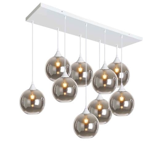 9 Light Multi Drop Rectangular Bar Ceiling Pendant in Matt White with Shade Shape 13 Glass