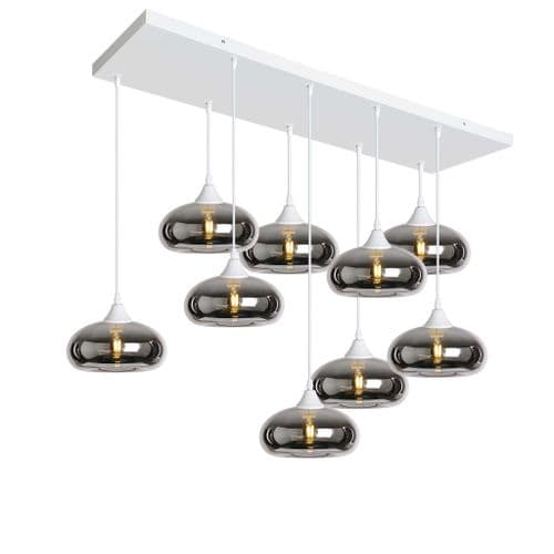 9 Light Multi Drop Rectangular Bar Ceiling Pendant in Matt White with Shade Shape 15 Glass