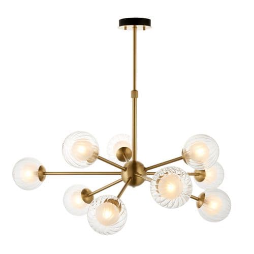 9 light Pendant Light Multi arm glass finish in Satin brass plate & clear/frosted glass