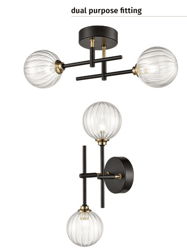 Abstraction 2 Dual Light Wall Fitting in Black And Brass with Glass Ribbed Glass GSBFL2463-2