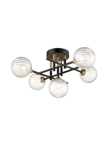 Abstraction 5 Semi Flush Fitting in Black And Brass with Glass Ribbed Glass GSBFL2463-5