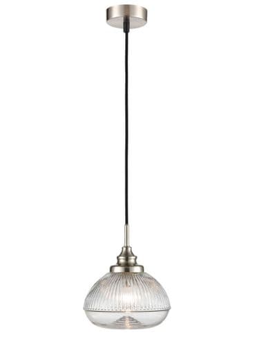 Acoste 1 Light Single Pendant In Satin Nickel With Clear Ribbed Glass GSBPCH422