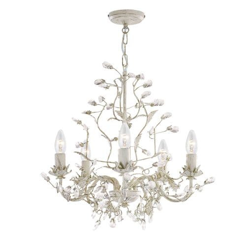 Alamandite 5 Light Chandelier Pendant, Cream Gold Finish With Leaf Dressing And Clear Crystal Deco
