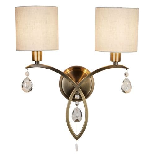 Alberto 2Lt Wall Light- Antique Brass, Crystal & Linen Shade