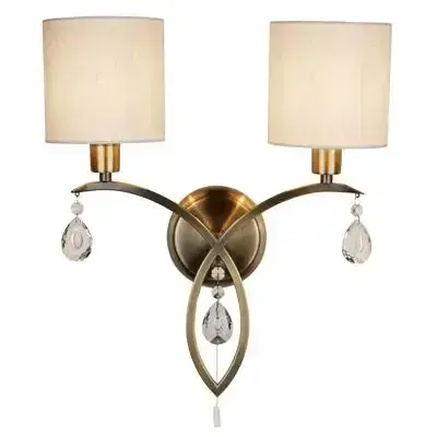Alberto 2Lt Wall Light- Antique Brass, Crystal & Linen Shade 1602-2AB