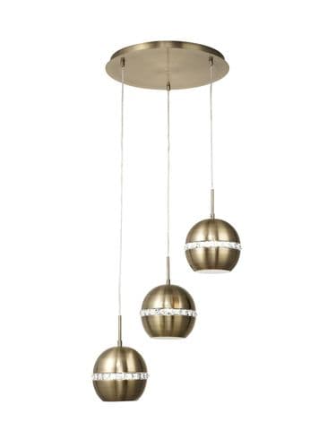 Allan 3 Light Round Multi Drop Pendant E27 Round Antique Brass with Crystal