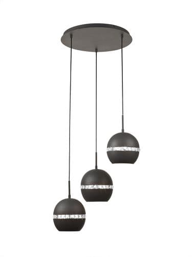 Allan 3 Light Round Multi Drop Pendant E27 Round Graphite with Crystal