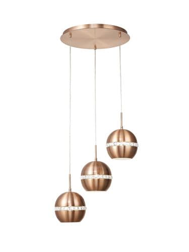 Allan 3 Light Round Multi Drop Pendant E27 Round Satin Copper with Crystal
