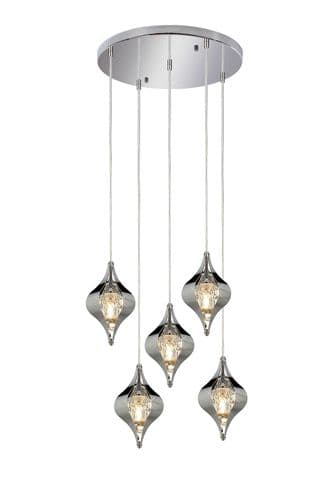 Amano 50cm Round Pendant, 5 Light Adjustable G9, Polished Chrome/Crystal