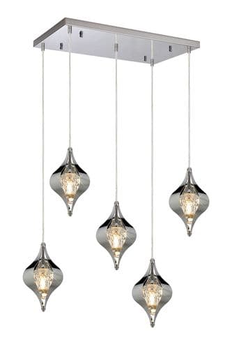 Amano Linear Rectangle Pendant, 5 Light Adjustable G9, Polished Chrome/Crystal