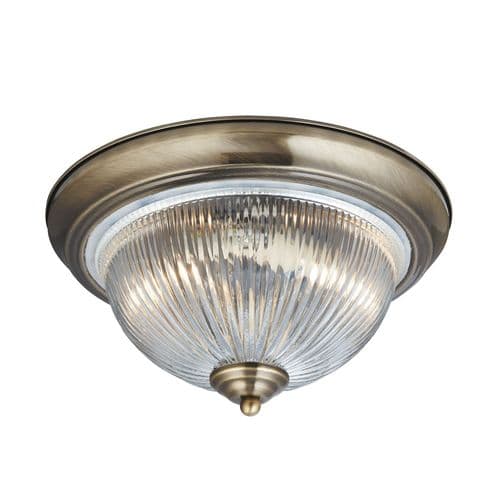 American Diner 2 Light Bathroom IP44 Flush Fitting, Antique Brass, Acid Glass