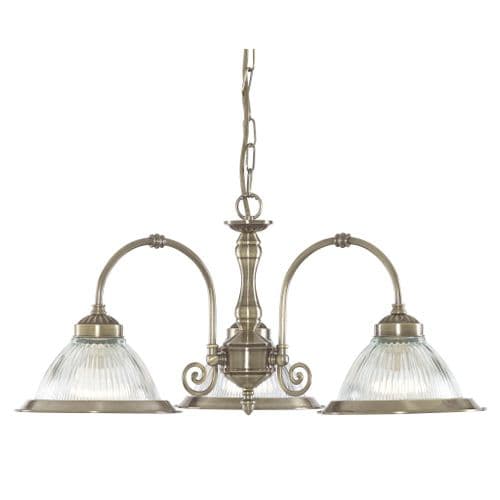 American Diner 3 Light Ceiling Chandelier, Antique Brass, Clear Glass