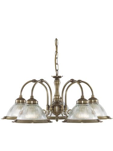 American Diner 5Lt Pendant - Antique Brass & Ribbed Glass