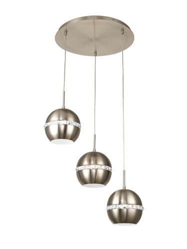 Andrea Pendant 3 Light E27 Round Satin Nickel/Crystal