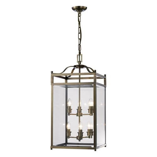 Arnold 6 Light Square Lantern Pendant E14 Antique Brass with Glass16kg