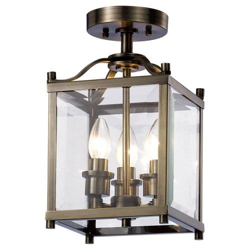 Arnold Square Semi Ceiling 3 Light E14 Antique Brass/Glass