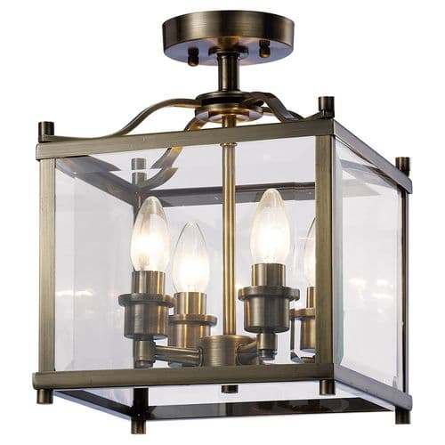 Arnold Square Semi Ceiling 4 Light E14 Antique Brass/Glass