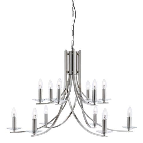 Ascona 12 Light Ceiling, Satin Silver Twist Frame, Clear Glass Sconces