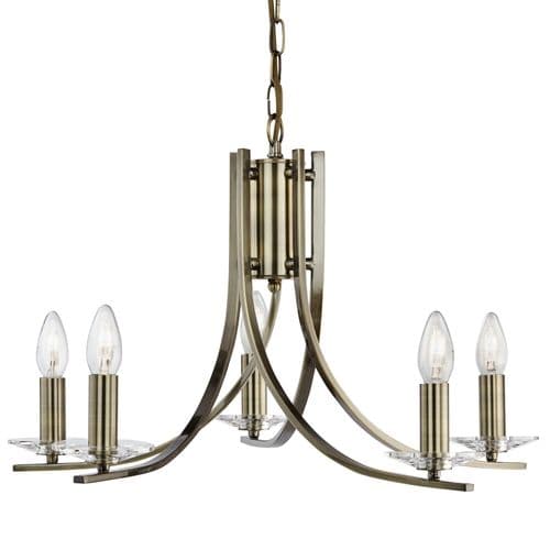 Ascona 5 Light Ceiling, Antique Brass Twist Frame With Clear Glass Sconces