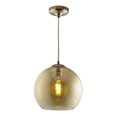 Balls 1 Light Round Pendant 30cm Diameter, Amber Glass, Antique Brass