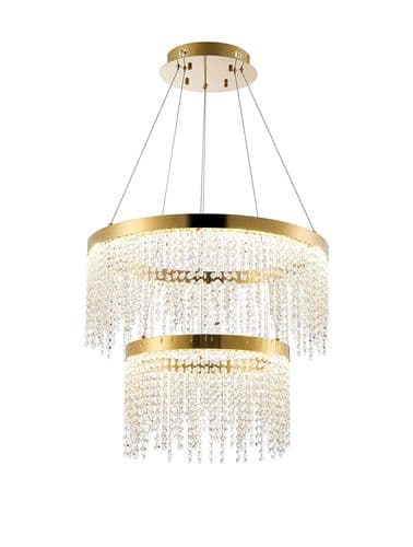 Bano 61.5cm Round 2 Tier Dimmable Pendant 47W LED, 4000K, 4700lm, French Gold / Crystal Chain