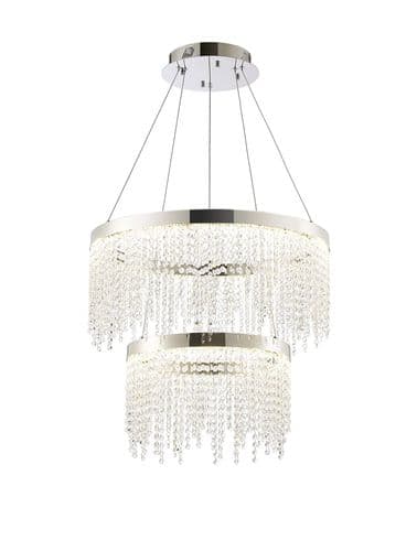 Bano 61.5cm Round 2 Tier Dimmable Pendant 47W LED, 4000K, 4700lm, Polished Chrome / Crystal Chain