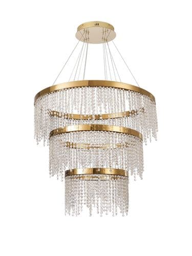 Bano 81.5cm Round 3 Tier Dimmable Pendant 90W LED, 4000K, 11300lm, French Gold / Crystal Chain
