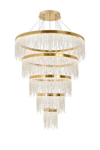 Bano Round 5 Tier Dimmable Pendant 150W LED, 4000K, 17500lm, French Gold / Crystal Chain