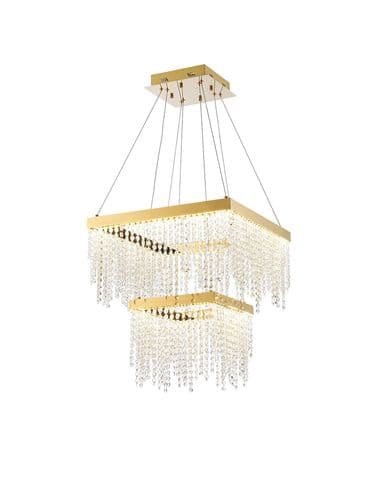 Bano Square 2 Tier Dimmable Pendant 47W LED, 4000K, 5000lm, French Gold / Crystal Chain