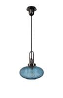 Barcelona 1 Light E27 Pendant With 30cm Oval Sphere Ribbed Glass,Black Chrome/Petrol Blue/Matt Black
