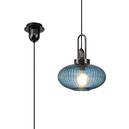 Barcelona 1 Light E27 Pendant With 30cm Oval Sphere Ribbed Glass,Black Chrome/Petrol Blue/Matt Black