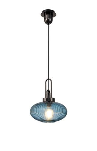 Barcelona 1 Light E27 Pendant With 30cm Oval Sphere Ribbed Glass, Black Chrome / Petrol Blue / Matt