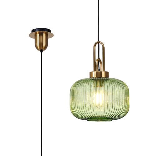 Barcelona 1 Light E27 Pendant With 30cm Pumpkin Ribbed Glass, Brass Gold / Green / Matt Black