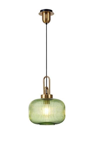 Barcelona 1 Light E27 Pendant With 30cm Pumpkin Ribbed Glass, Brass Gold / Green/ matt black / ELK15