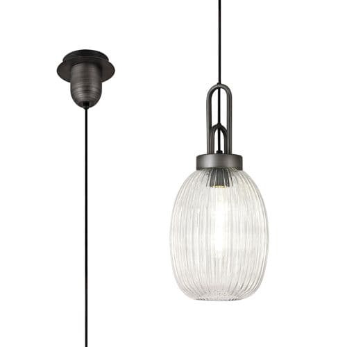 Barcelona 1 Light Pendant E27 20cm Almond Ribbed Glass, Clear Black/Aged Pewter  ELK050867