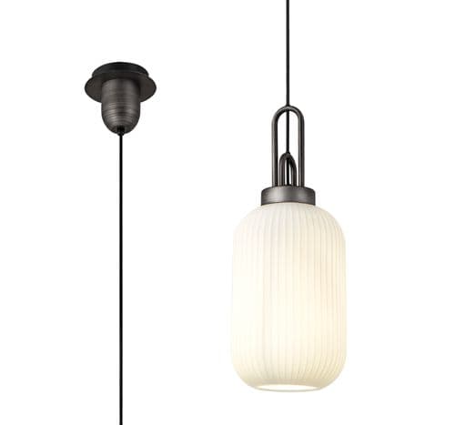 Barcelona 1 Light Pendant E27 20cm Tubular Ribbed Glass, Opal Black/Aged Pewter  ELK050863
