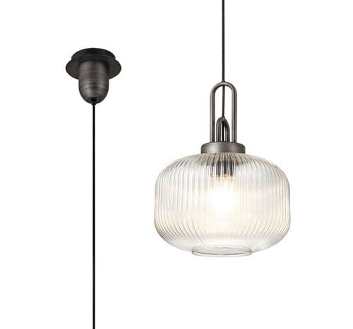 Barcelona 1 Light Pendant E27 30cm Pumpkin Shaped Ribbed Glass, Clear Black/Aged Pewter  ELK050861