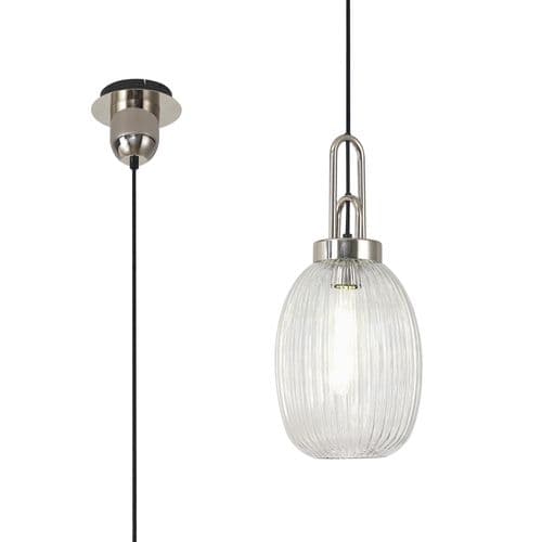 Barcelona 1 Light Pendant E27 With 20cm Almond Ribbed Glass, Clear Polished Nickel/Matt Black
