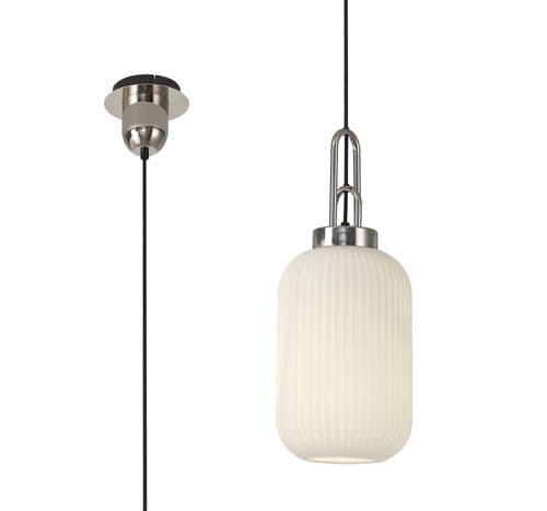 Barcelona 1 Light Pendant E27 With 20cm Tubular Ribbed Glass, Opal Polished Nickel/Matt Black
