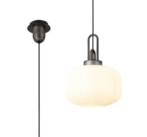 Barcelona 1 Light Pendant E27 With 30cm Pumpkin Shaped Ribbed Glass, Opal Black/Aged Pewter