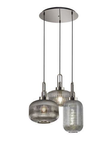 Barcelona 2m Round Pendant 3 Light E27 With Various Glasses, Polished Nickel / Smoked / Matt Black