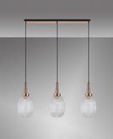 Barcelona Linear 3 Light Pendant E27 With 20cm Almond Ribbed Glass - Multiple Colour