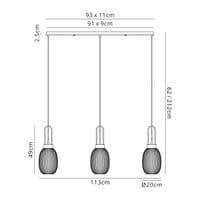 Barcelona Linear 3 Light Pendant E27 With 20cm Almond Ribbed Glass - Multiple Colour