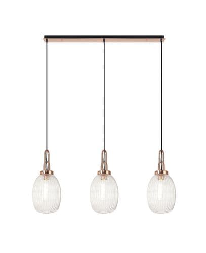 Barcelona Linear 3 Light Pendant E27 With 20cm Almond Ribbed Glass - Multiple Colour