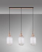Barcelona Linear 3 Light Pendant E27 With 20cm Tubular Ribbed Glass - Multiple Colour