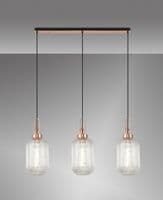 Barcelona Linear 3 Light Pendant E27 With 20cm Tubular Ribbed Glass - Multiple Colour