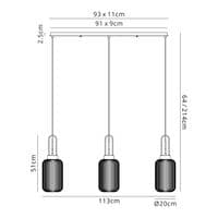 Barcelona Linear 3 Light Pendant E27 With 20cm Tubular Ribbed Glass - Multiple Colour